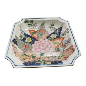 Macau China Square Dish, Hand Painted Ceramic of Tobacco Leaves and Flowers